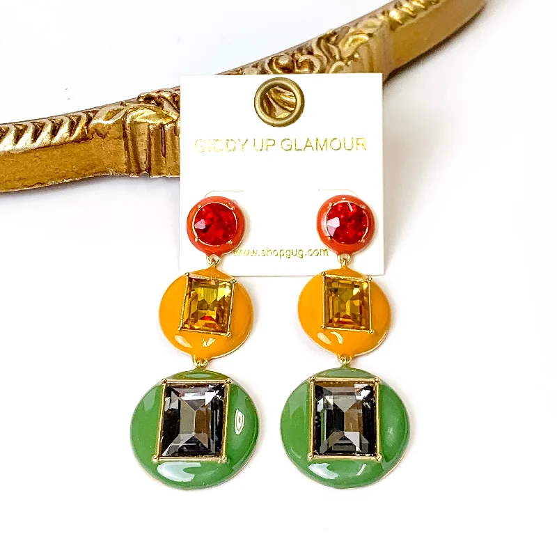 Aged brass earrings-3 Tier Multicolor Enamel Framed Stone Drop Earrings in Red/Yellow/Green