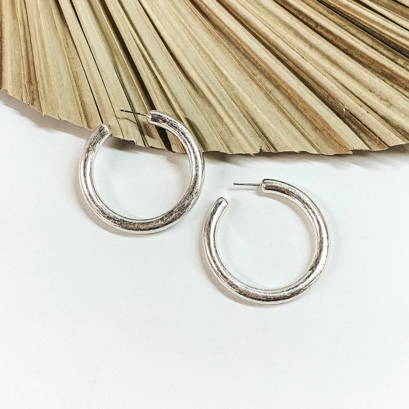 Brushed gold earrings-Clean Slate Large Hoop Earrings in Worn Silver Tone