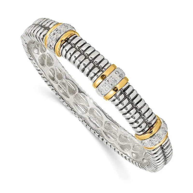 Fused metal bangles-Curata 925 Sterling Silver Hinged Polished Prong set Hidden catch and 14k Yellow Diamond Cuff Stackable Bangle Bracelet