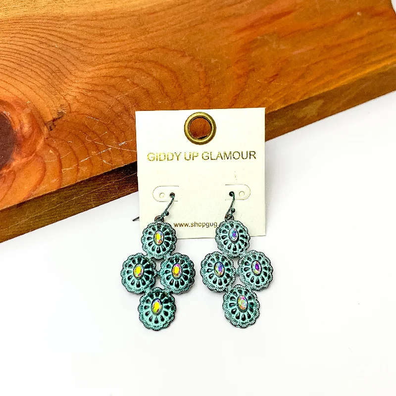 Thick tier earrings-Western Concho Earrings with AB Stones in Patina Tone