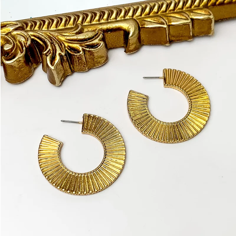 Spirit eye earrings-Ribbed Post Hoop Earrings in Gold Tone