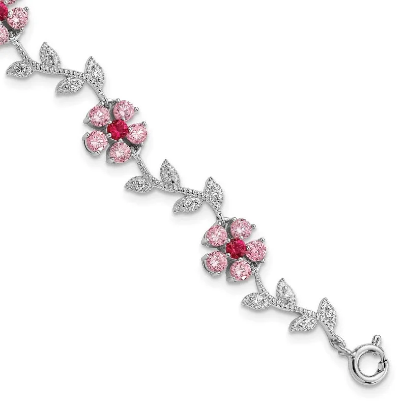 Bead charm bangles-Curata 925 Sterling Silver Polished Pink and Clear CZ Cubic Zirconia Simulated Diamond Flower Bracelet 7.75 Inch Spring Ring