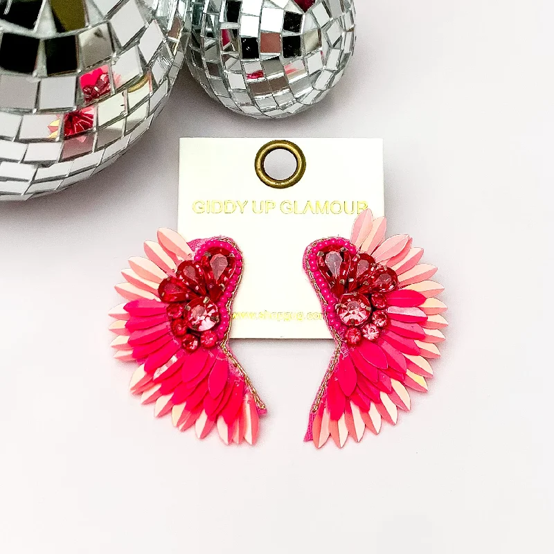 Glossy enamel earrings-Saw An Angel Sequin Earrings with Clear Crystals in Pink