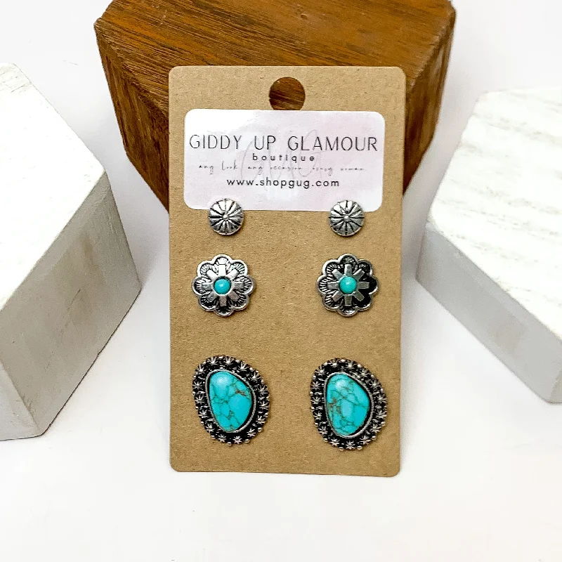 Heavy hoop earrings-Set Of Three | Flower and Stone Silver Tone Earring Set in Turquoise