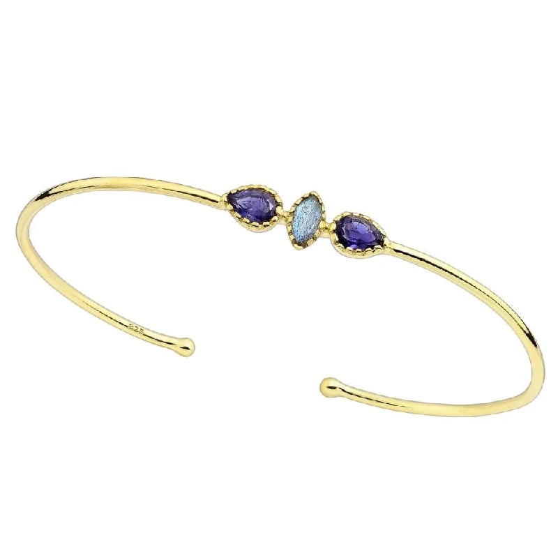 Tide theme bangles-Sterling Silver & Gold Plated Purple Teardrop & Labradorite Cuff Bracelet