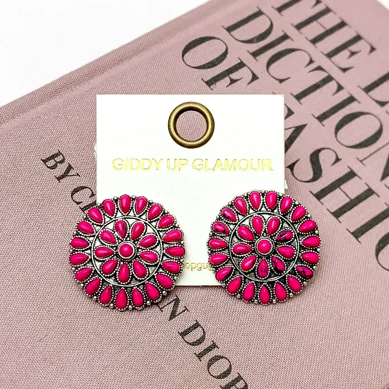 Soft cord earrings-Silver Tone Circle Earrings with Fuchsia Pink Stones