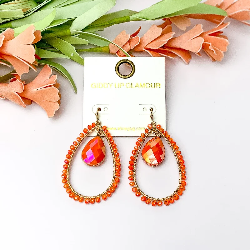 Bright druzy earrings-Orange Stone Inside Open Beaded Teardrop Earrings with Gold Tone Outline