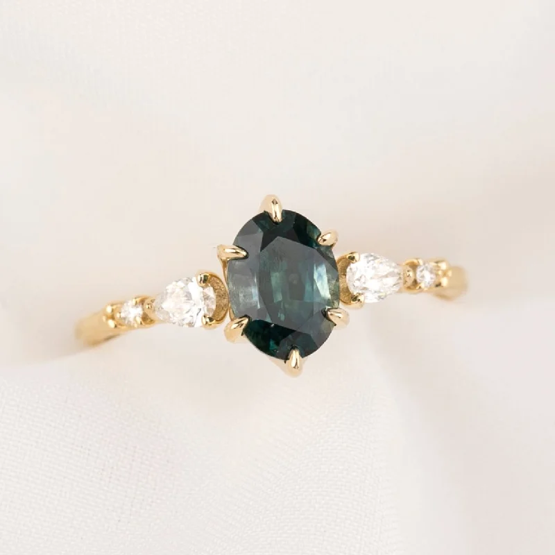 Silk edge engagement rings-Estel Fleur Petal Ring 1.46ct Teal Blue Montana Sapphiree, 14k Yellow Gold (One of a kind)