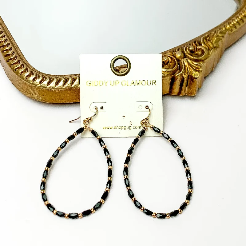 Rough texture earrings-Black Beaded Open Drop Earrings with Gold Tone Spacers