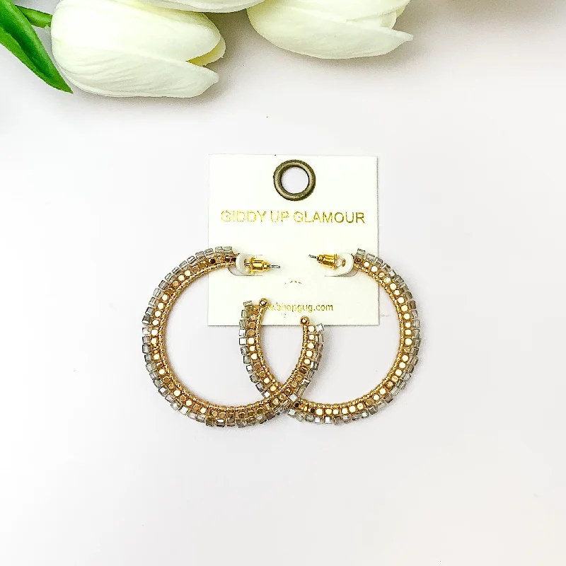 Dual-tone earrings-Gold Tone Beaded Hoop Earrings with a Grey Crystal Outline