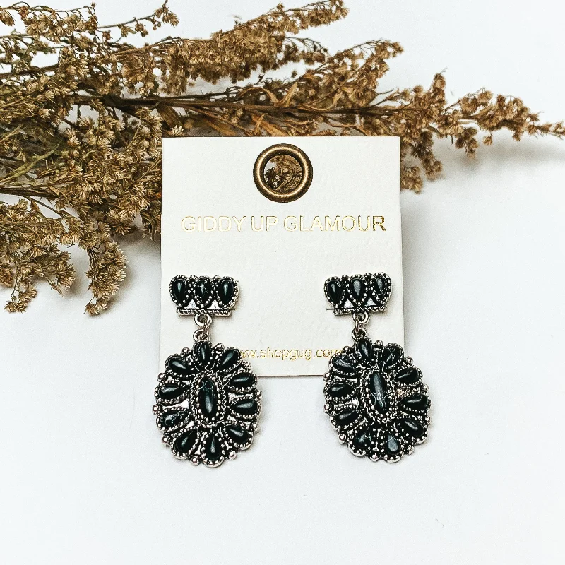 Soft cord earrings-Silver Tone Cluster Post Earrings with Oval Cluster Drop with Black Stones