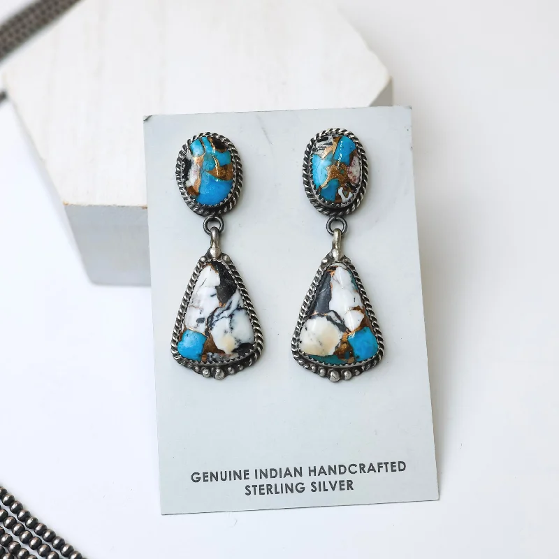 Flat coin earrings-Elouise Kee | Navajo Handmade Sterling Silver Remix White Buffalo and Turquoise Drop Earrings