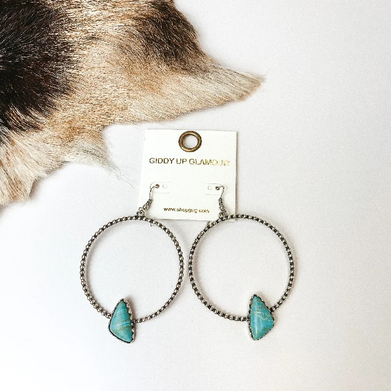 Tiny star earrings-Silver Tone Textured Hoop Earrings with Turquoise Blue Stone