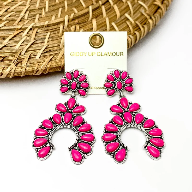 Wide hoop earrings-Hot Pink and Silver Horseshoe Drop Earrings