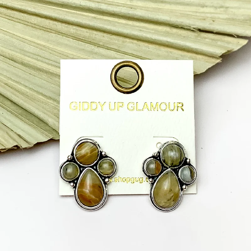 Broad hoop earrings-Silver Tone Cluster Stone Earrings in Natural Brown