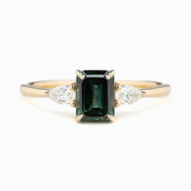 Emerald halo engagement rings-Olivia Ring 1.22ct Blue Green Queensland Sapphire, 14K Yellow Gold (One of a kind)