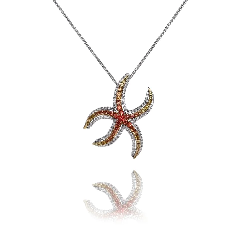 Simple cross necklaces-Estate 18 Karat White Gold Multi Colored Sapphire and Diamond Star Fish Pendant Necklace