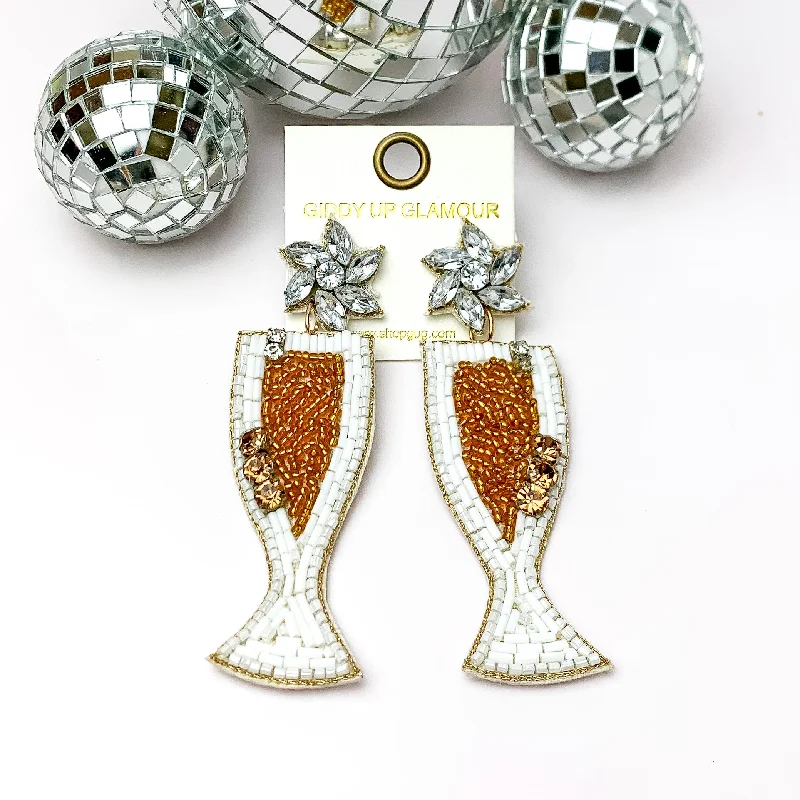 Patina bronze earrings-Celebration Beaded Champagne Flutes in White and Gold