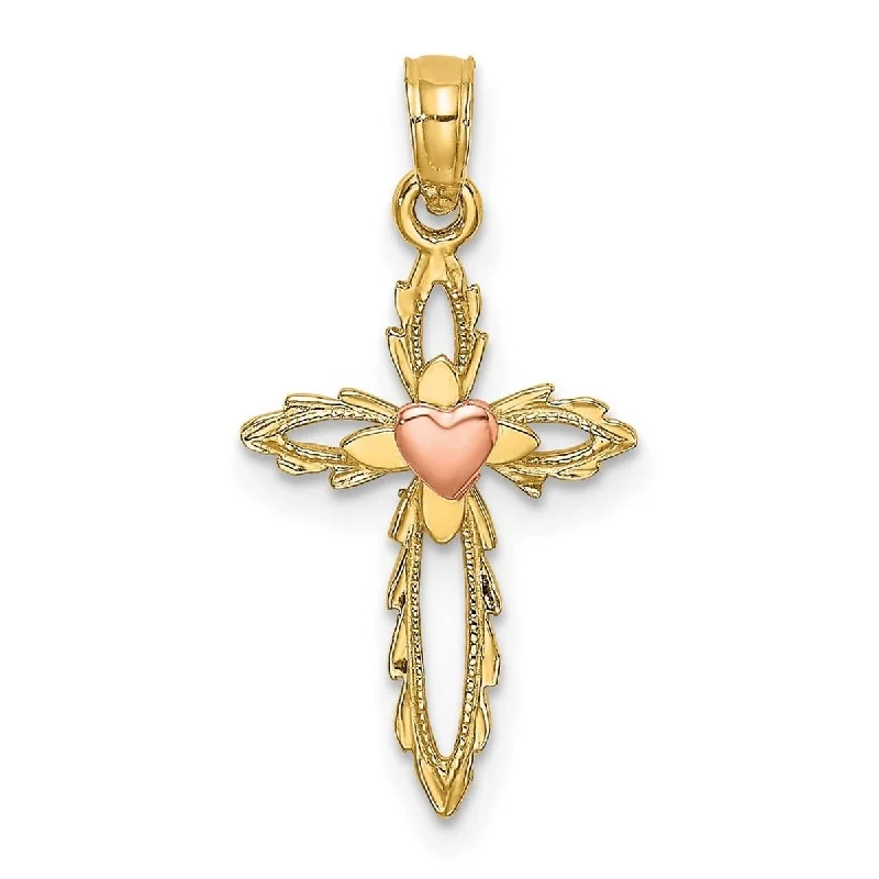 Woven tribal necklaces-Curata 10k Yellow Gold Cross With Pink Heart Center Cut out Pendant Necklace, 18"