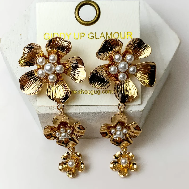 Clear crystal earrings-Gold Tone Three Tiered Flower Earrings With a Pearl Center