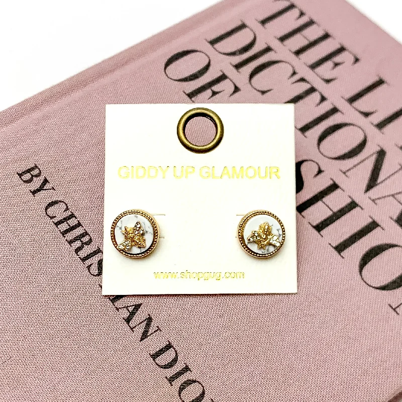 Bamboo style earrings-Gold Tone Bumble Bee Circle Stud Earrings in White