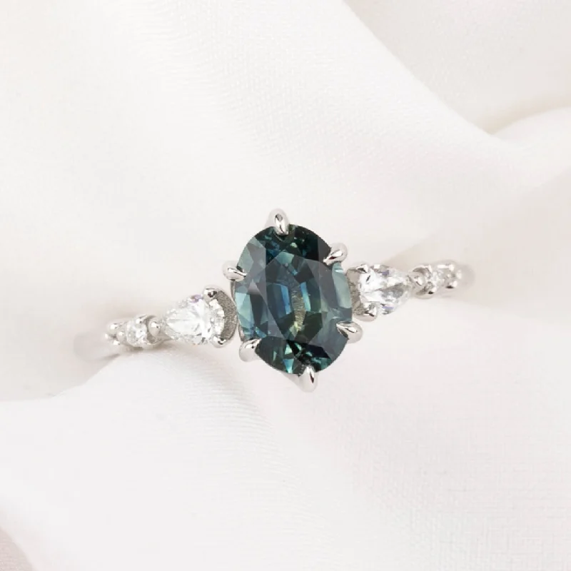 Knot design engagement rings-Estel Fleur Petal Ring 1.26ct Teal Blue Montana Sapphire, 14k White Gold (One of a kind)