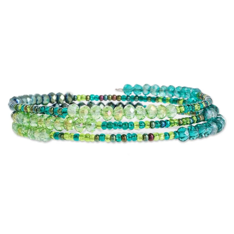 Silk tassel bangles-NOVICA Ocean Siren, Glass and crystal beaded wrap bracelet