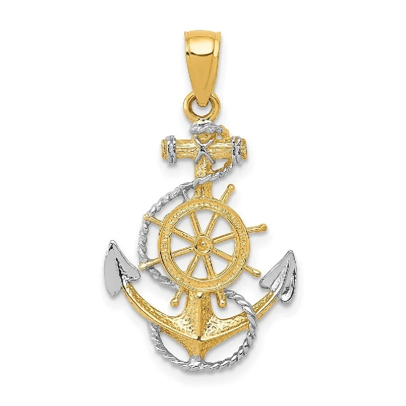 Round drop necklaces-Curata 14k Yellow Gold Solid and Rhodium 18" Anchor With Rope Pendant Necklace - 30.7x17.3mm