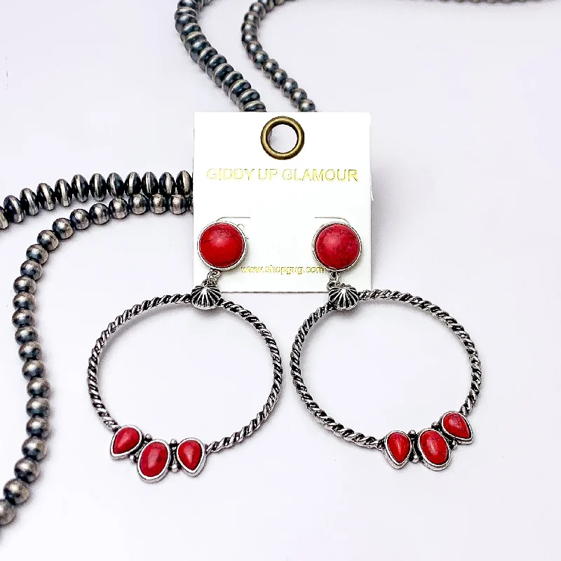 Bead weave earrings-Western Moment Silver Tone Hoop Earrings With Stones in Red