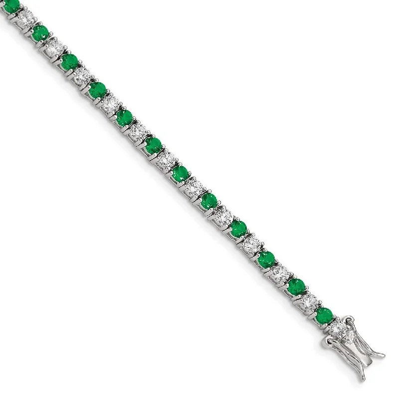 Glossy cuff bangles-Curata 925 Sterling Silver Polished Safety clasp Box Catch Closure Green and White CZ Cubic Zirconia Simulated Diamond Bracelet