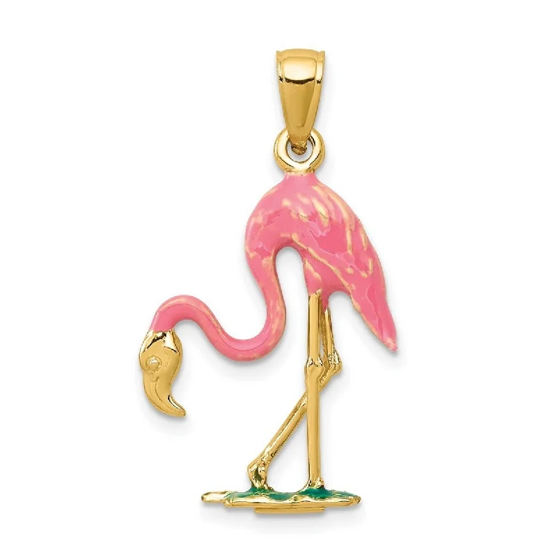 Celestial sign necklaces-Curata 14k Yellow Gold Solid 18" Enameled 3 D Pink Flamingo Pendant Necklace - 30.8x17.5mm