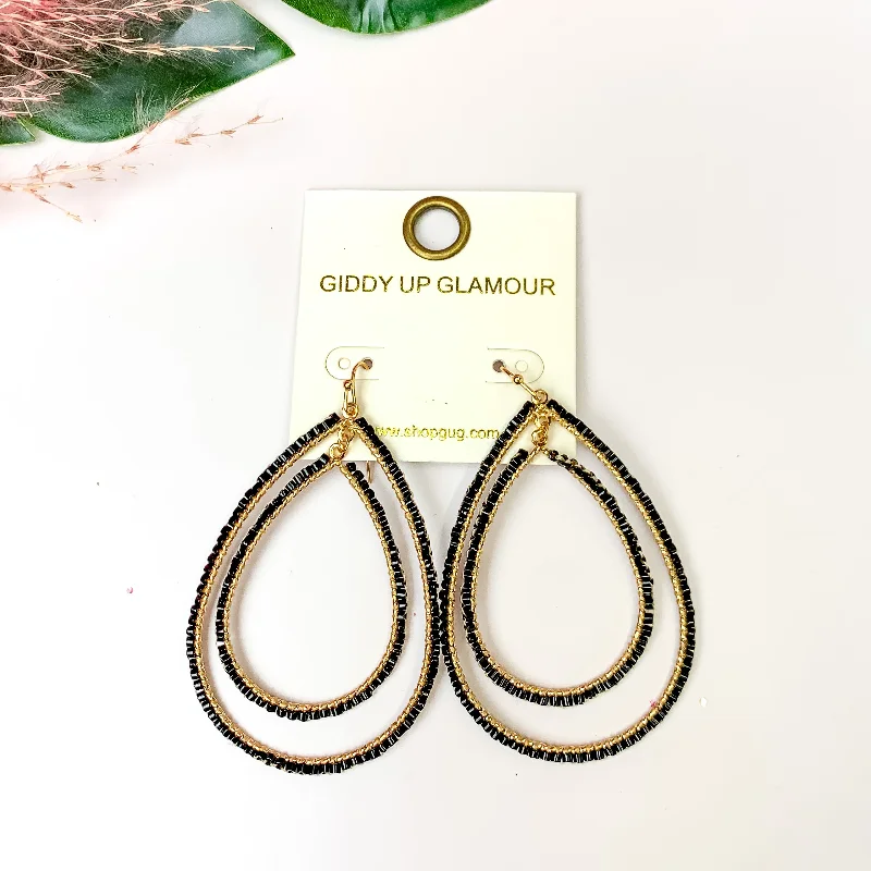 Solid bar earrings-Double Open Teardrop Gold Tone Earrings with Beaded Outline in Black