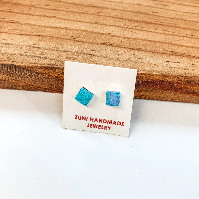 Broad hoop earrings-Angie Rosetta | Zuni Handmade Sterling Silver and Blue Opal Square Stud Earrings