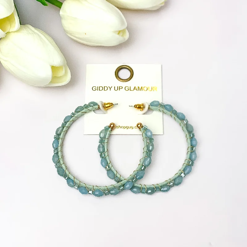 Reef knot earrings-Large Hoop Earrings Outlined with Crystals in Aqua Blue