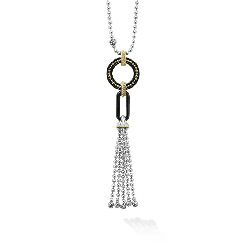 Pure shine necklaces-Lagos Black Caviar Two-Tone Black Ceramic Tassel Pendant Necklace