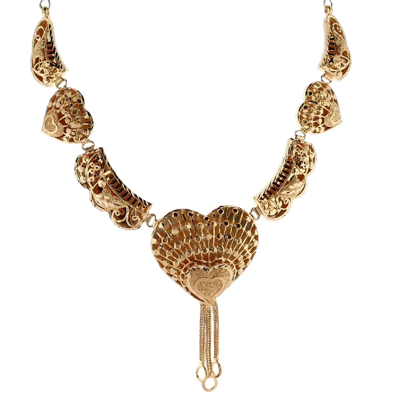 Tribal coin necklaces-Estate 21 Karat Yellow Gold Ornate Diamond Cut Puffed Hearts with Dangle Cable Wire Necklace