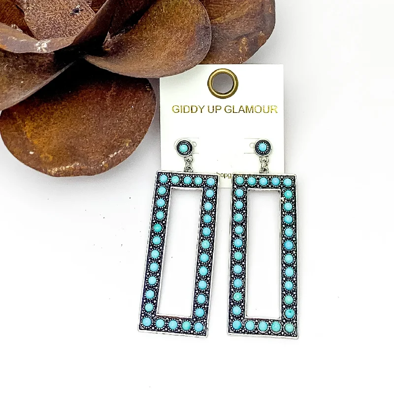 Tide design earrings-Silver Tone Rectangular Drop Earrings With Stones in Turquoise Blue