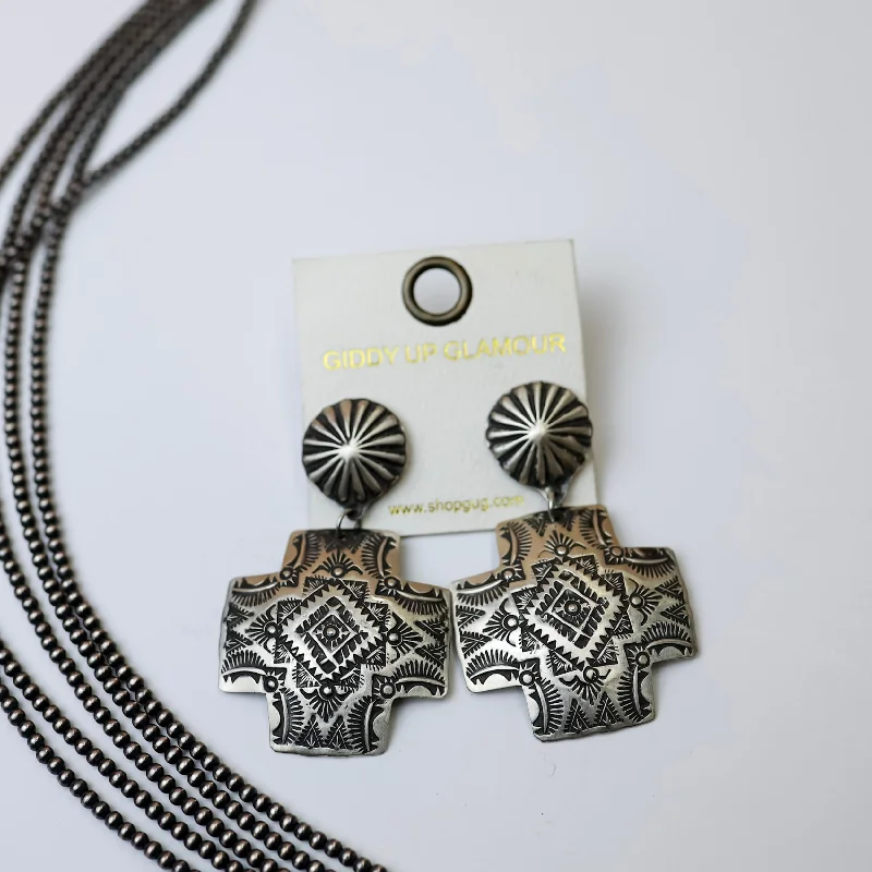 Victorian style earrings-Navajo | Navajo Handmade Sterling Silver Cross Earrings Dropped from Starburst Post Stud