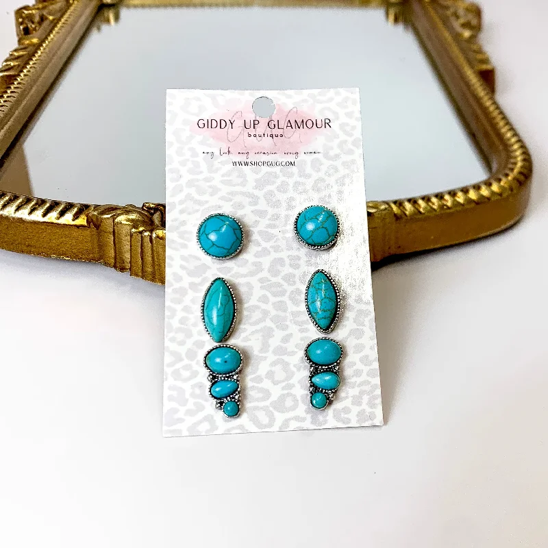 Topaz gem earrings-Set Of Three | Faux Stone Silver Tone Stud Set in Turquoise