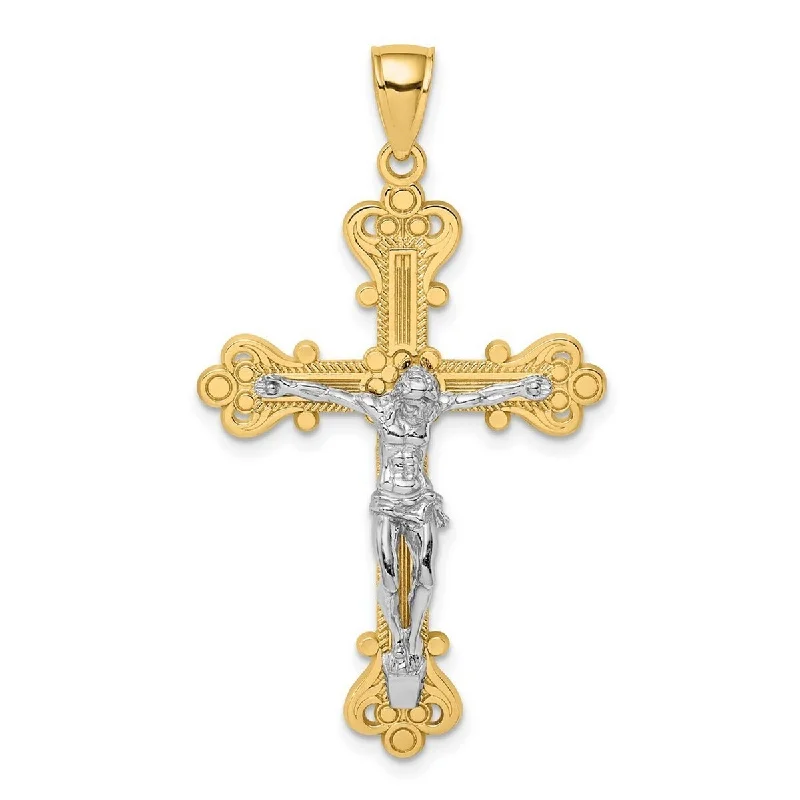 Tiered link necklaces-Curata 14k Two tone Gold Large Textured Crucifix Budded Cross Necklace 28mm x 45mm