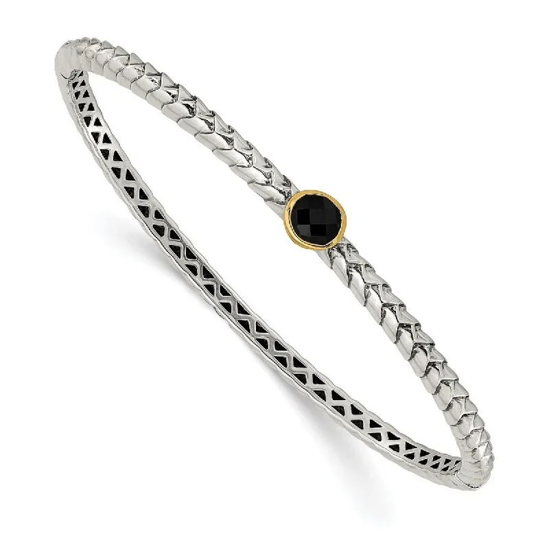 Tight clasp bangles-Curata 925 Sterling Silver Hinged Polished With 14k 6mm Simulated Onyx Cuff Stackable Bangle Bracelet