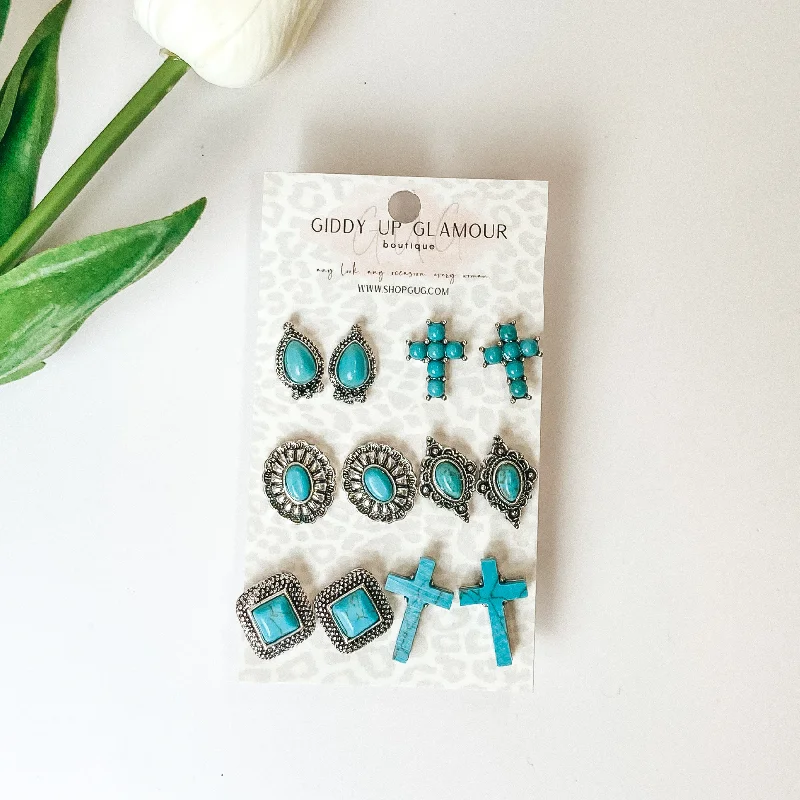 Solid bar earrings-Set Of Six | Multiple Turquoise and Silver Designed Stud Earrings