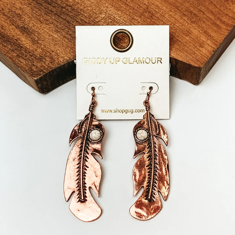 Agate drop earrings-Western Feather Drop Earrings in Copper