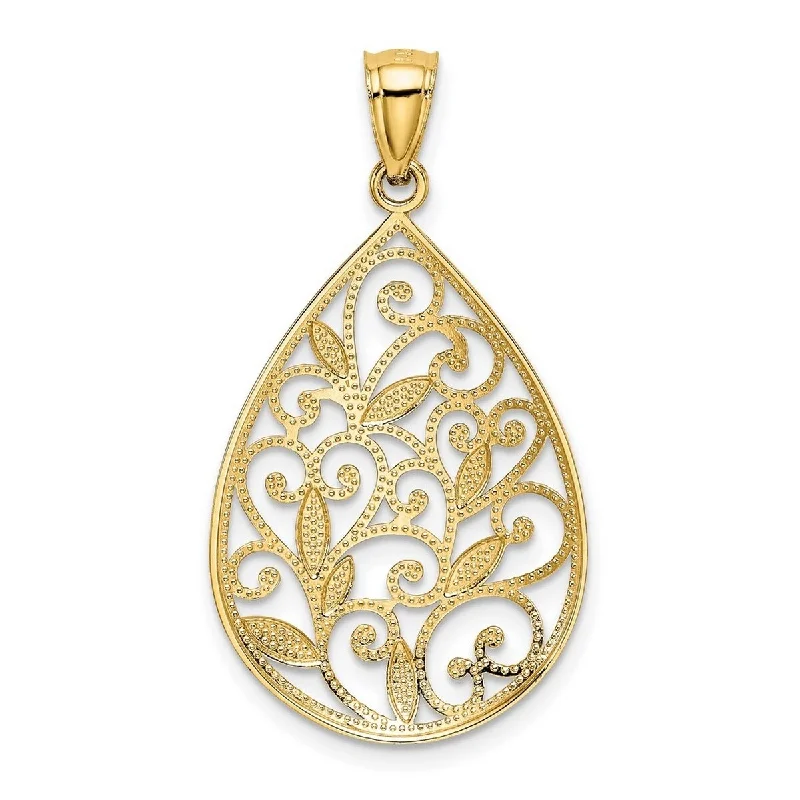 Faith charm necklaces-Curata 14k Yellow Gold 18" 30x18mm Textured Filigree Teardrop Necklace