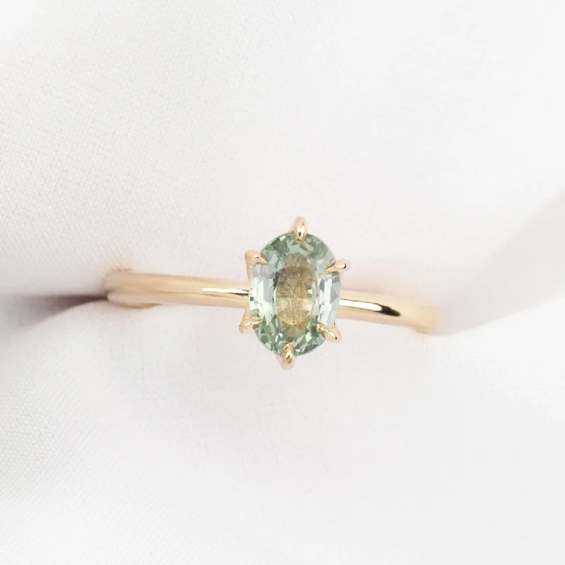 Bold halo engagement rings-Floryn Ring 1.19ct Green Unheated Oval Sapphire, 14K Yellow Gold (One of a kind)