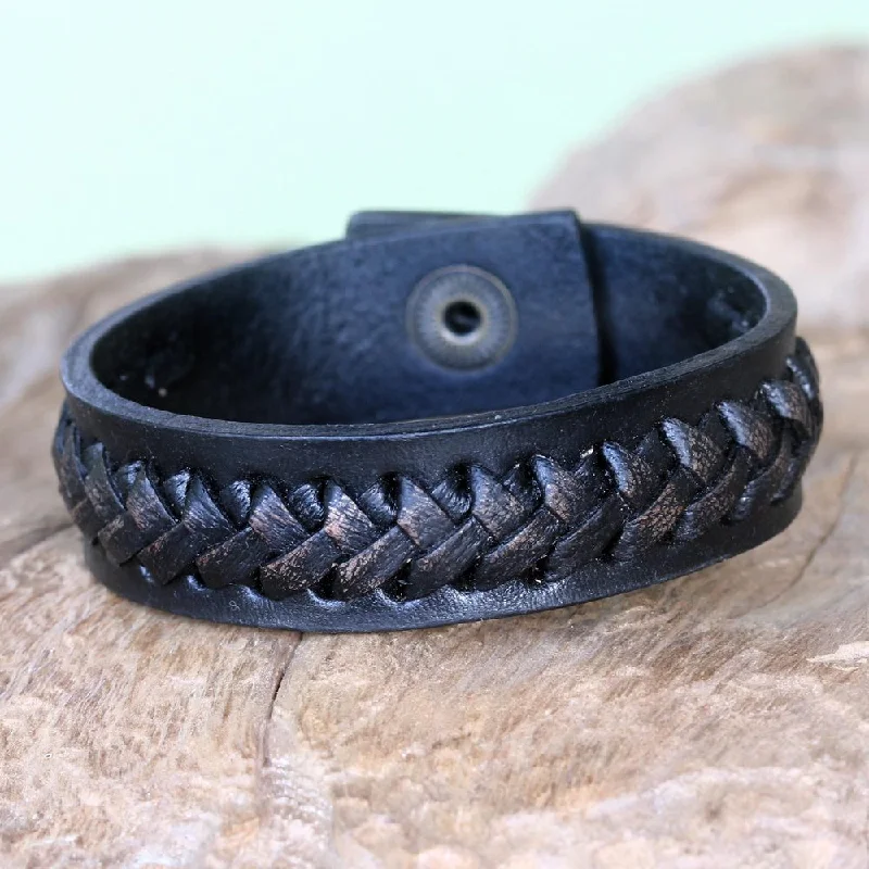 Fine bead bangles-Handmade Leather Iron 'Black Kingdom Warrior' Bracelet (Indonesia) - 7'6" x 9'6"