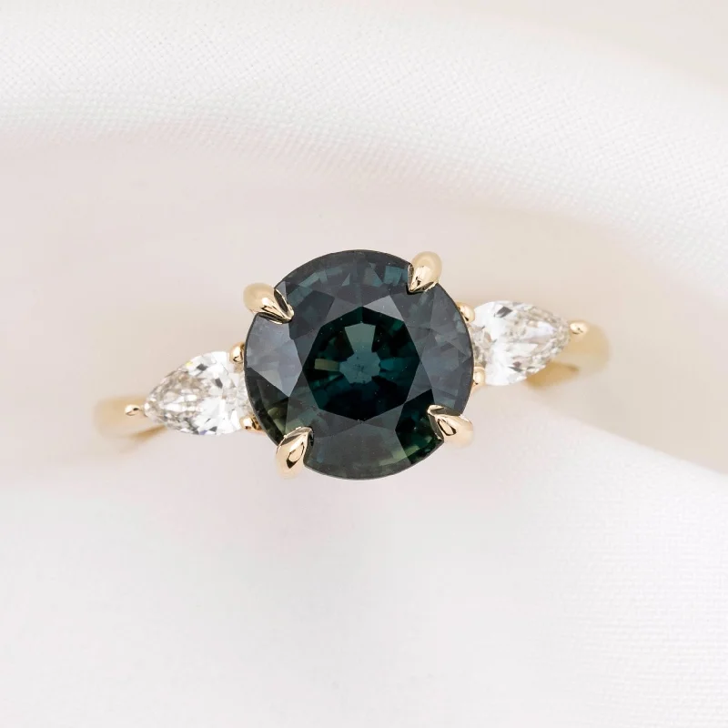 Minimalist band engagement rings-Olivia Grand Ring 3.60ct Blue Green Sapphire, 14k Yellow Gold (One of a kind)