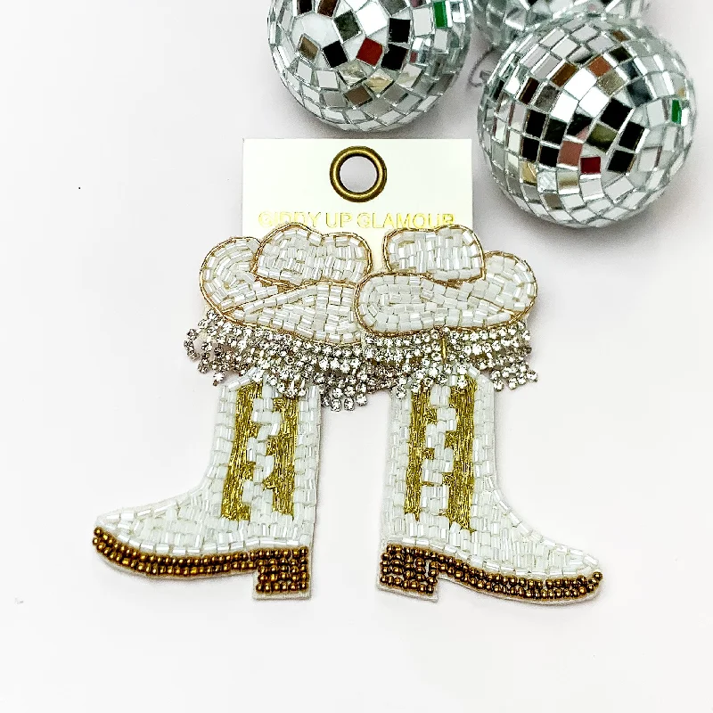 Square dangle earrings-Beaded Cowboy Hat and Boot Earrings with Clear Crystal Fringe in White