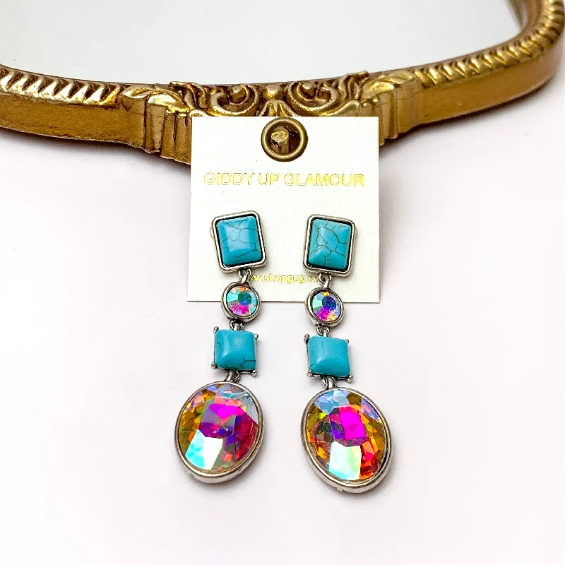 Cultured pearl earrings-4 Tier Rectangle Post Faux Turquoise and AB Crystal Dangle Earrings