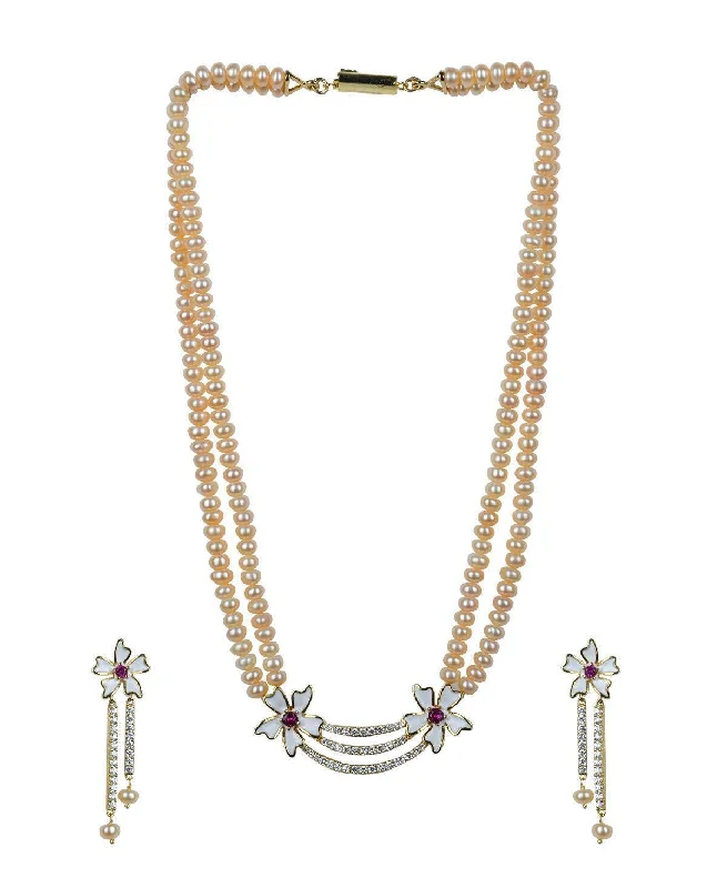 Dainty gem necklaces-Floral Pearl Necklace Set